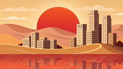 Obraz premium Modern City Skyline Sunset Reflection Illustration
