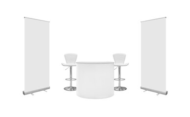 Empty complete set of booth display equipment for trade shows, including a counter, 2 stools, and 2 roll-up signs isolated