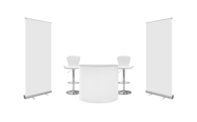 Empty complete set of booth display equipment for trade shows, including a counter, 2 stools, and 2 roll-up signs isolated