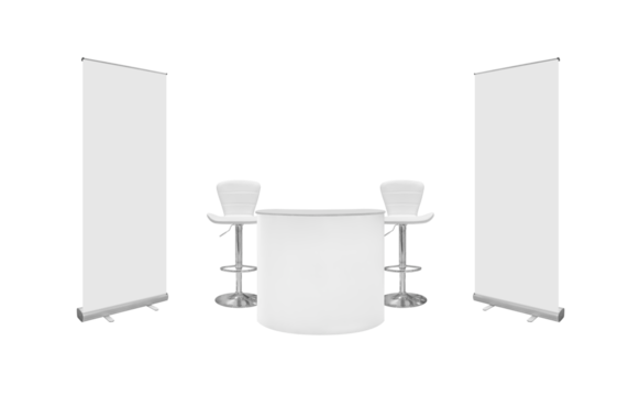 Empty complete set of booth display equipment for trade shows, including a counter, 2 stools, and 2 roll-up signs isolated