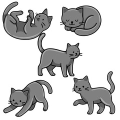 Adorable vector illustration featuring five playful grey kittens in various poses: one upside down, one sleeping, one standing, one stretching, and one walking, showcasing their charming personalit...