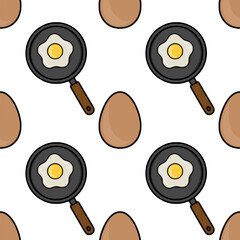 Seamless vector pattern featuring fried eggs in pans and whole eggs, a cheerful kitchen-themed design ideal for backgrounds or food-related projects.
