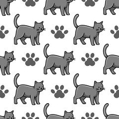 Seamless vector pattern featuring charming grey cats and their paw prints on a white background, perfect for textile design or pet-themed projects.