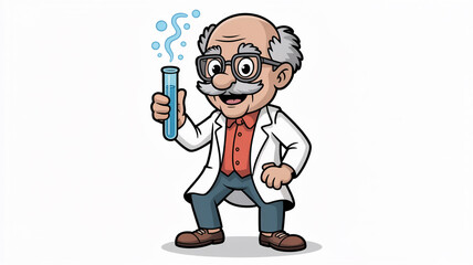 Cartoon scientist holding test tube isolated on white background an elderly professor with glasses conducting an experiment in a laboratory