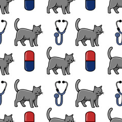 Seamless vector pattern featuring adorable grey cats, red and blue pills, and medical stethoscopes, creating a charming veterinary-themed design.