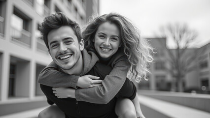 Happy couple enjoying playful moment outdoors, smiling and embracing each other in joyful atmosphere