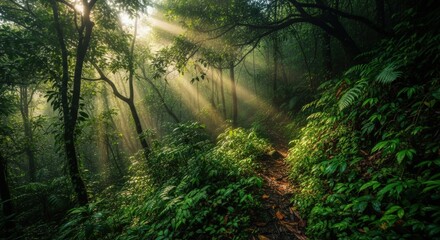 Fototapeta premium Sunlight streams through lush green foliage, illuminating a forest path, creating a serene atmosphere.
