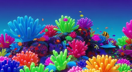 Vibrant 3D rendering of a colorful underwater coral reef teeming with exotic tropical fish, creating a lively marine ecosystem.