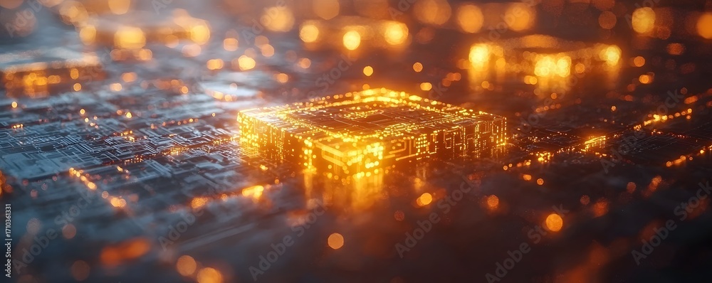Wall mural glowing abstract digital circuit board with intricate patterns and bokeh lights