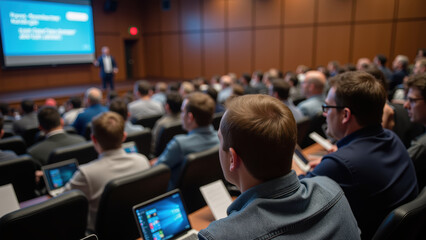 Engaged audience in conference room, focused on presentation with laptops and notepads. atmosphere is professional and collaborative