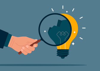 Hand holding a magnifying glass analyzing crashed lightbulb. After business failure, burnout or exhausted from crisis, no new idea or inspiration. Vector flat illustration. 