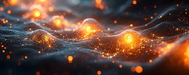 Abstract digital network visualization with glowing Bitcoin symbols and energetic particles