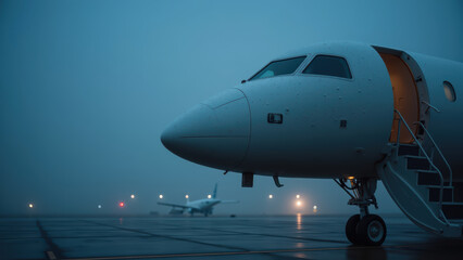 Obraz premium Sleek aircraft stands on foggy runway, illuminated by distant lights, evoking sense of adventure and anticipation