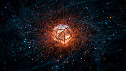 Abstract Dodecahedron Geometric Form at the Center of a Futuristic Digital Network