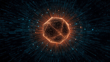 Abstract Dodecahedron Geometric Form at the Center of a Futuristic Digital Network