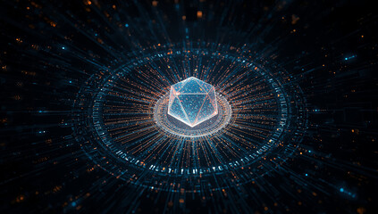 Abstract Dodecahedron Geometric Form at the Center of a Futuristic Digital Network