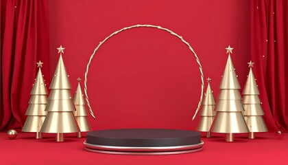 A festive display of gold Christmas trees stands on a dark pedestal against a vibrant red backdrop.