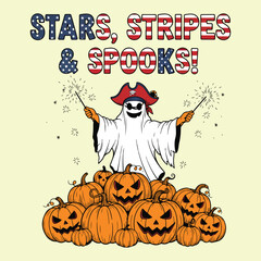 A cartoon ghost pirate with sparklers stands above a pile of carved gourds halloween tshirt design