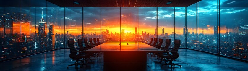 Plakat Modern corporate boardroom offering a panoramic view of a city skyline during a vibrant sunset