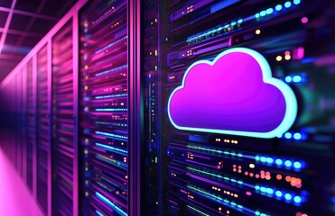 Purple neon cloud icon shining on futuristic server racks in vibrant data center, great for IT infrastructure visuals, cloud service promotion, and digital transformation themes