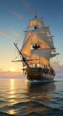 Obraz premium A majestic tall ship with full sails glides across a calm ocean during a golden sunset.
