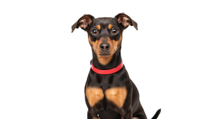 Obraz premium Isolated Min Pin Puppy with Red Collar Posing for Camera, Head-and-Shoulders Shot, Pet Photography