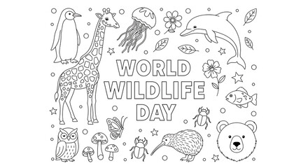 World Wildlife Day Illustration with Giraffe Dolphin and Other Animals in Black and White