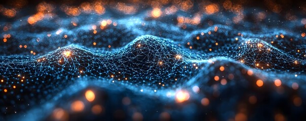 Abstract digital network with glowing blue connections and orange lights representing data flow