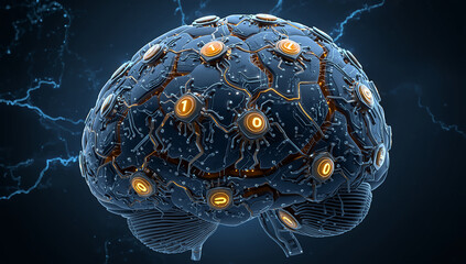 Futuristic Human Brain Sculpture with Integrated Circuitry and Lights