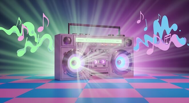 Retro boombox with vibrant neon lights and music notes on a checkered floor, symbolizing vintage sound and fun. - Powered by Adobe