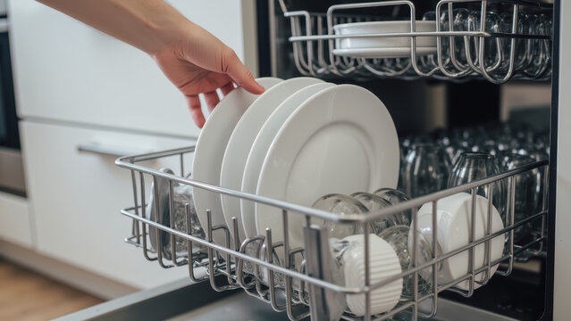 Clean dishes are being placed dishwasher, showcasing modern kitchen appliance action. scene highlights organization and efficiency dishwashing