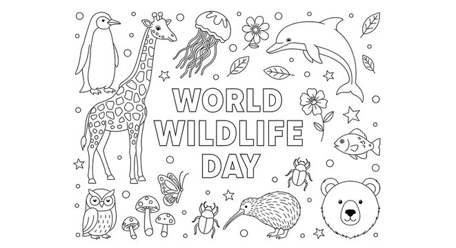 World Wildlife Day Illustration with Giraffe Dolphin and Other Animals in Black and White