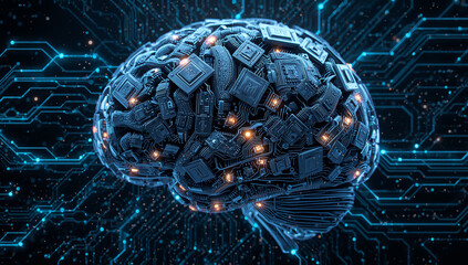 Futuristic Human Brain Sculpture with Integrated Circuitry and Lights