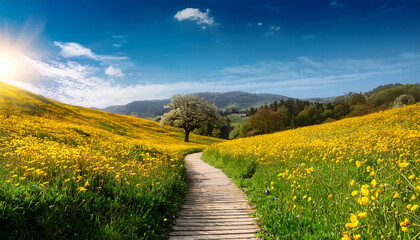 Serene Path Through A Yellow Flower Meadow