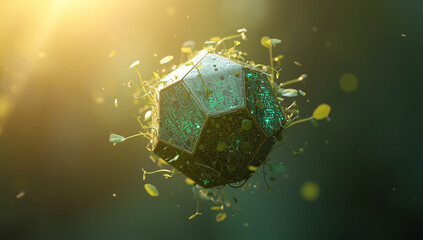 Abstract Geometric Object with Green Sprouts and Sunlight