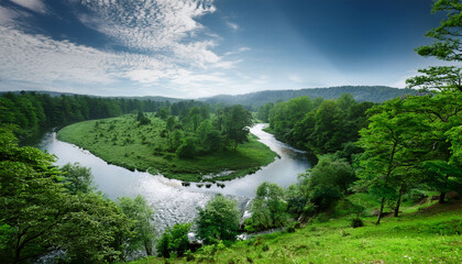 Winding River Flows Through Lush Green Forest Landscape