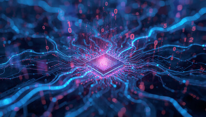 Abstract Glowing Microchip on a Circuit Board with Data Flow