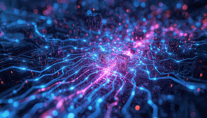 Abstract Glowing Microchip on a Circuit Board with Data Flow
