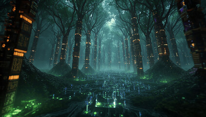 Surreal Forest with Mystical Trees and Glowing AI Orbs