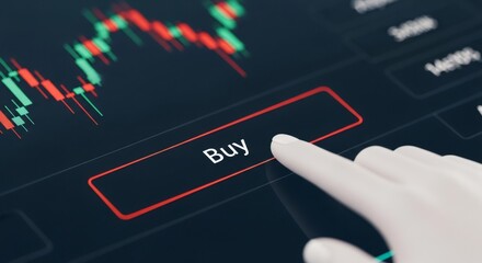 Finger pointing at buy button on trading platform. Stock market chart with candlesticks. Online investing and financial technology concept. Digital investment strategy.