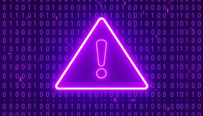 A glowing purple neon warning triangle with an exclamation mark symbolizing a digital alert or cyber security threat over a binary code background.