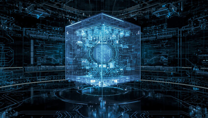 Transparent 3D Cube with Central AI Processor and Digital Circuitry