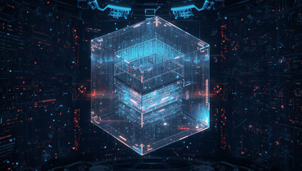 Transparent 3D Cube with Central AI Processor and Digital Circuitry