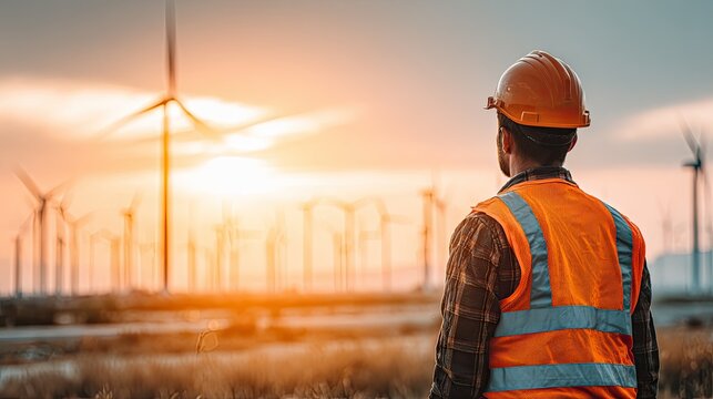 A man in an orange hard hat and safety vest stands in front of a field of wind turbines at sunset.