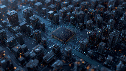 Close-up of a Futuristic Microchip on a Circuit Board with Glowing Lines