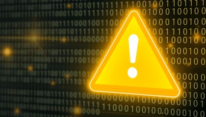 A bright yellow warning triangle with a white exclamation mark inside, set against a dark background of binary code.