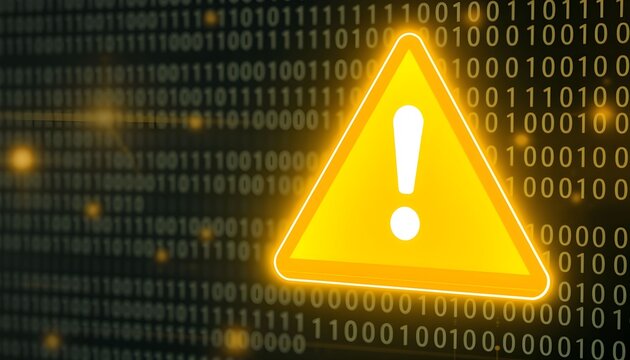 A bright yellow warning triangle with a white exclamation mark inside, set against a dark background of binary code.