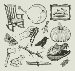 Hand-drawn vector set of Southern Gothic and folk magic icons. Features occult symbols like a crescent moon, raven, and alligator head in a macabre, vintage engraving style.