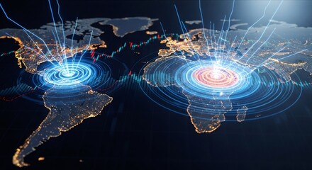 Global network concept with digital world map and glowing connection points. International data exchange, worldwide communication technology visualization
