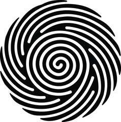 A hypnotic spiral geometric pattern of concentric black and white lines creates a swirling optical illusion for a striking vector art design